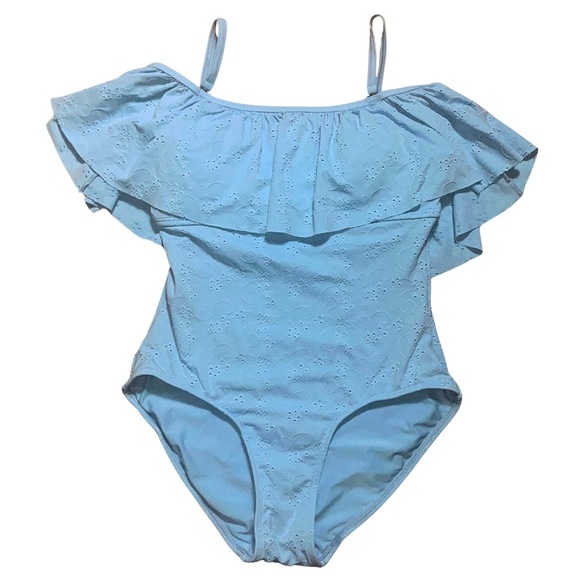 Venus Women’s One-Piece Swimsuit Off Shoulder Light Blue Eyelet Ruffle - Picture 1 of 3